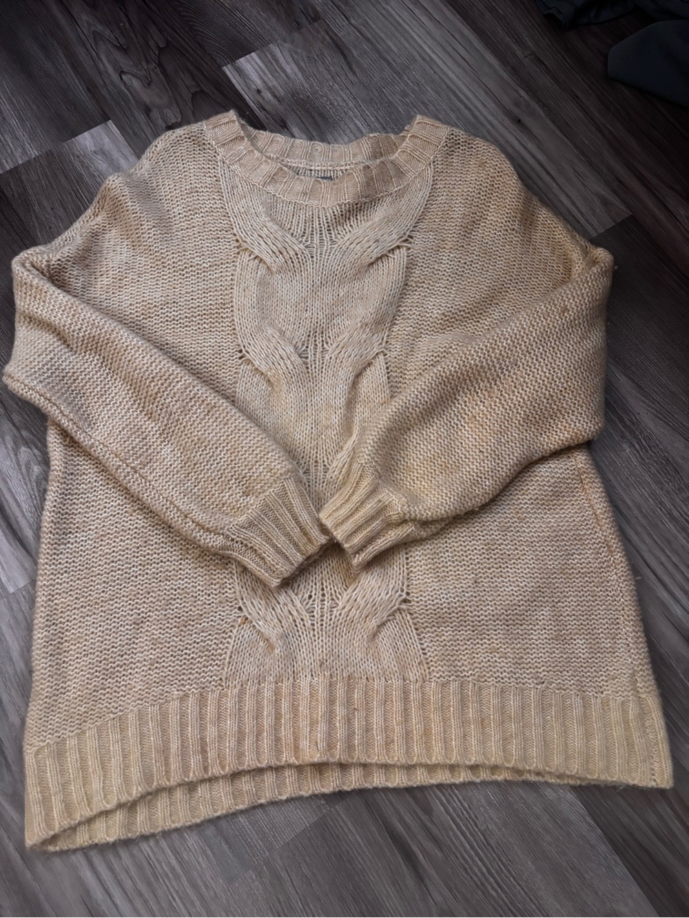aerie Beige Cable-Front Crewneck Sweater